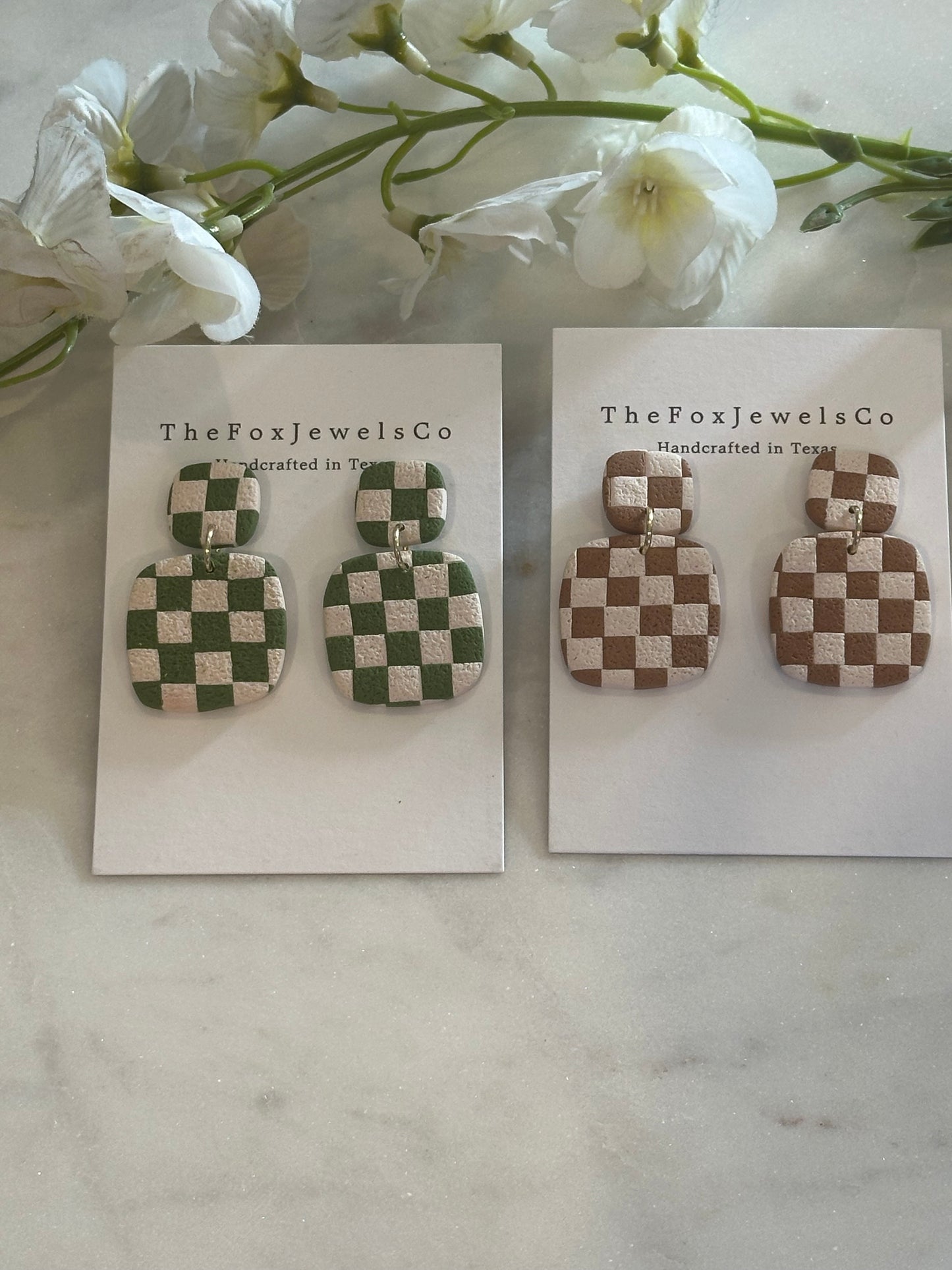 Checkered Clay Earrings | Retro Statement Dangle Earrings | Lightweight Handmade Polymer Clay Jewelry | Neutral + Olive Green