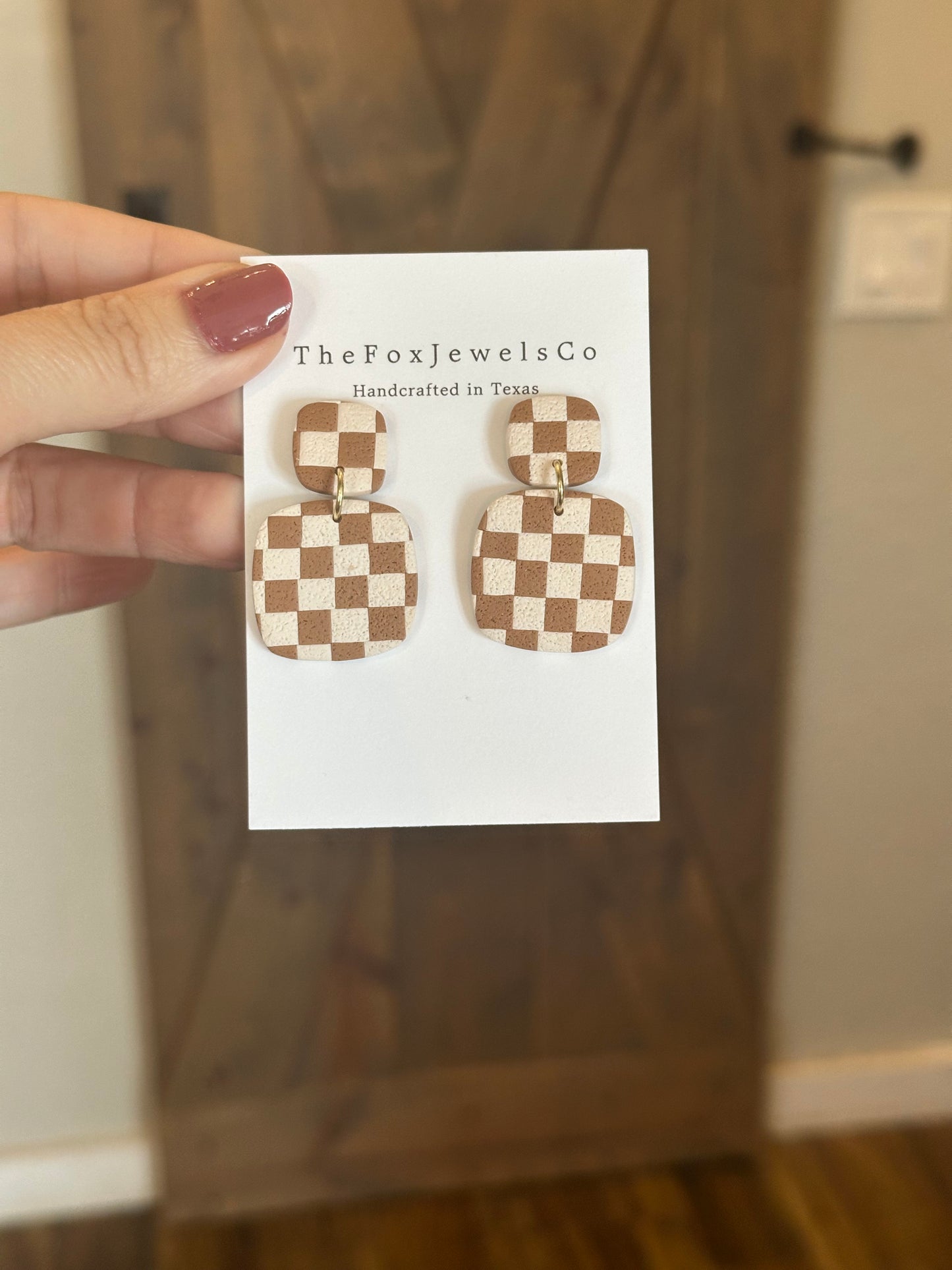 Checkered Clay Earrings | Retro Statement Dangle Earrings | Lightweight Handmade Polymer Clay Jewelry | Neutral + Olive Green