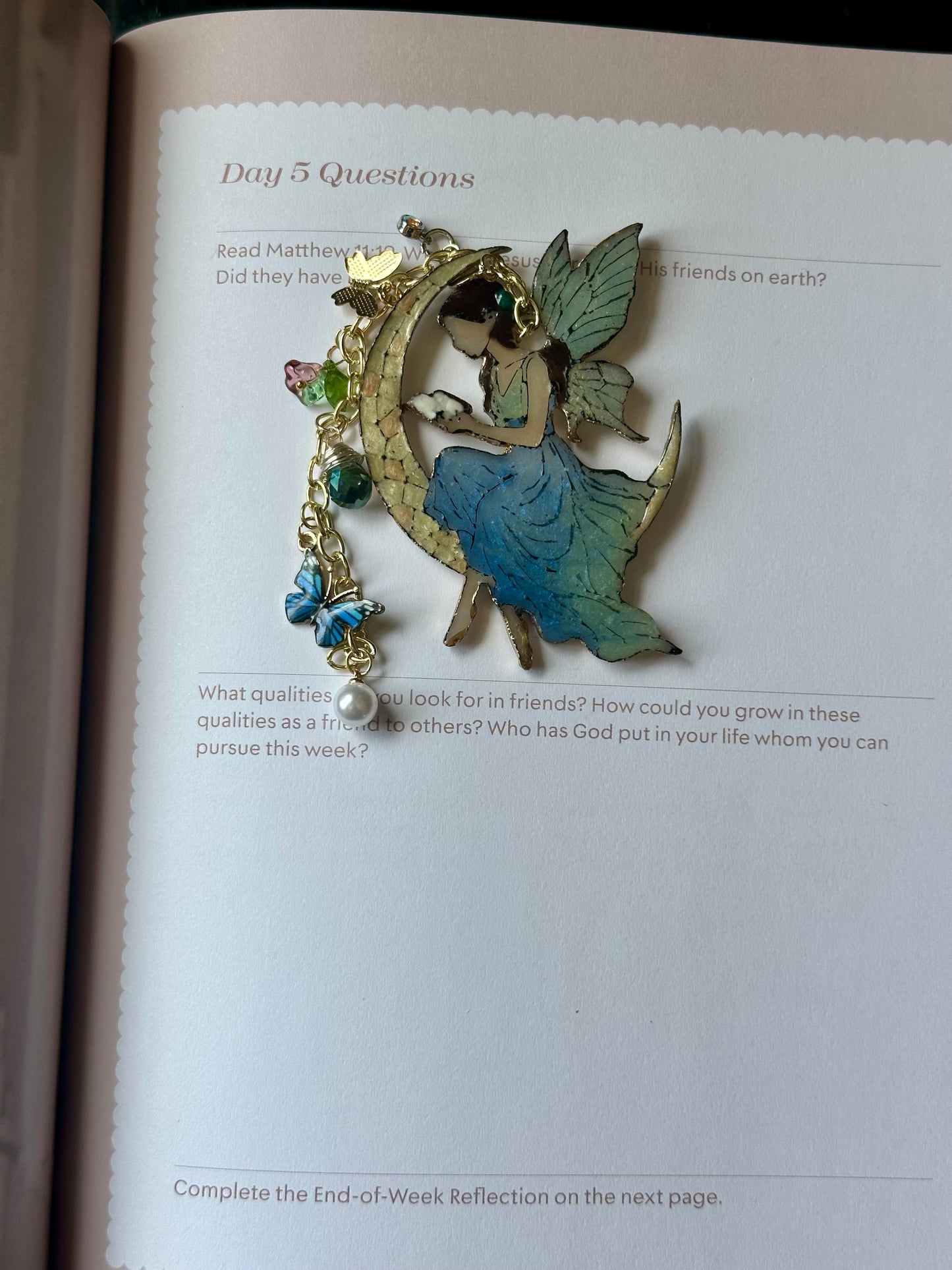 Stained Glass Fairy Bookmark – Crescent Moon Reader with Charms
