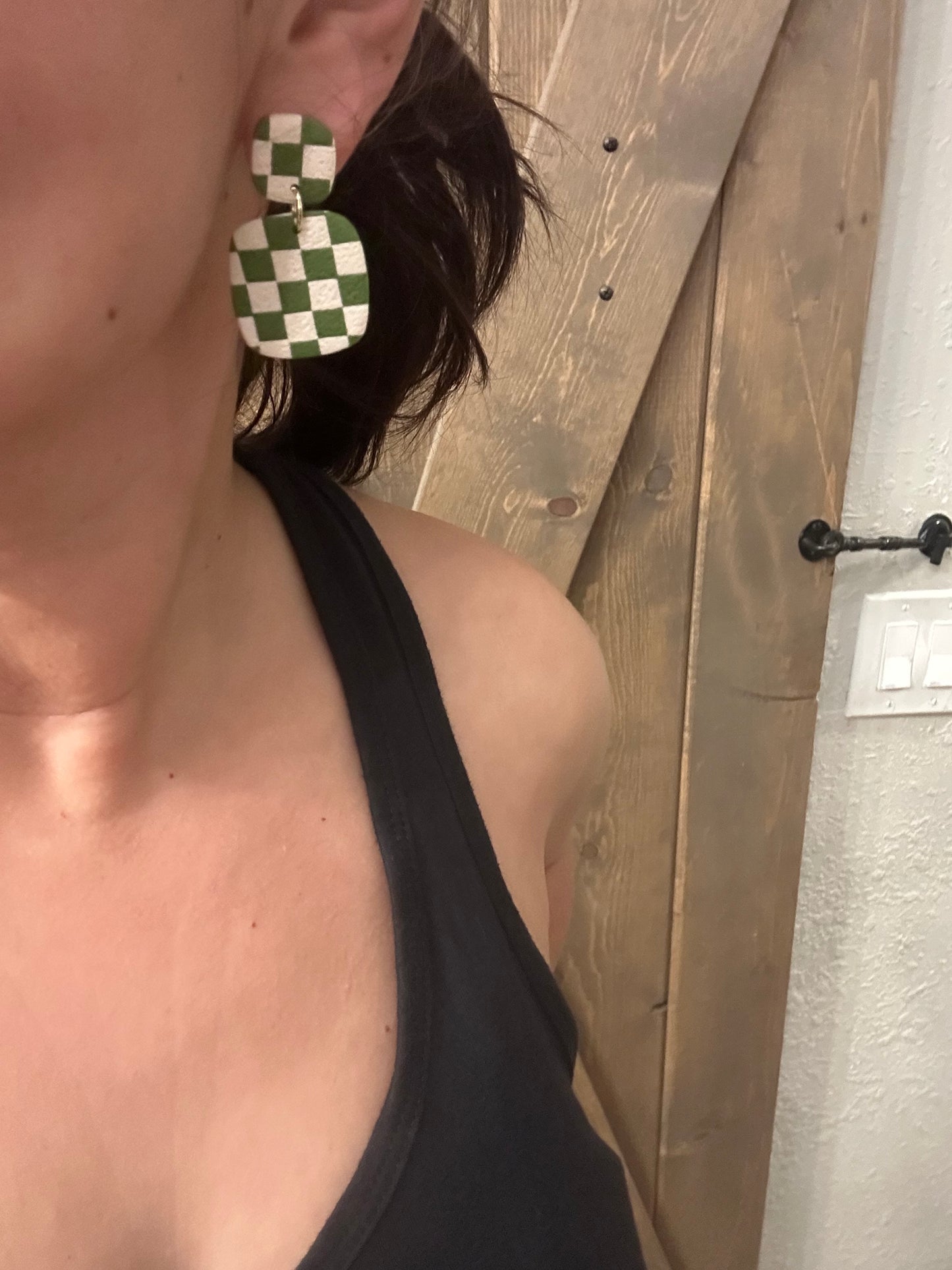 Checkered Clay Earrings | Retro Statement Dangle Earrings | Lightweight Handmade Polymer Clay Jewelry | Neutral + Olive Green