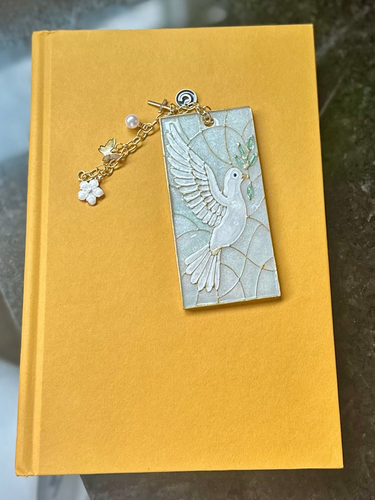 Handmade Dove Bookmark – Stained Glass-Inspired Polymer Clay with Gold Charms