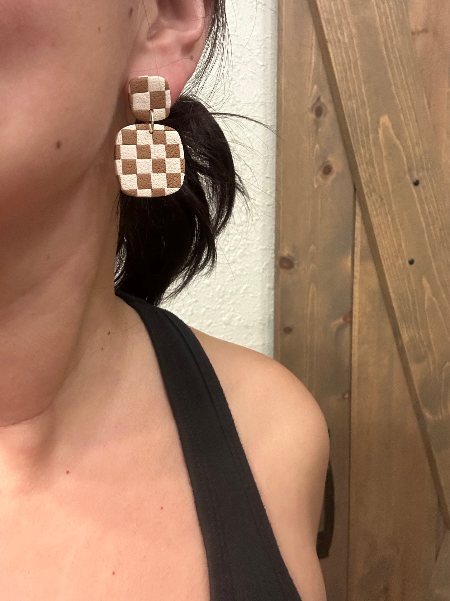 Checkered Clay Earrings | Retro Statement Dangle Earrings | Lightweight Handmade Polymer Clay Jewelry | Neutral + Olive Green