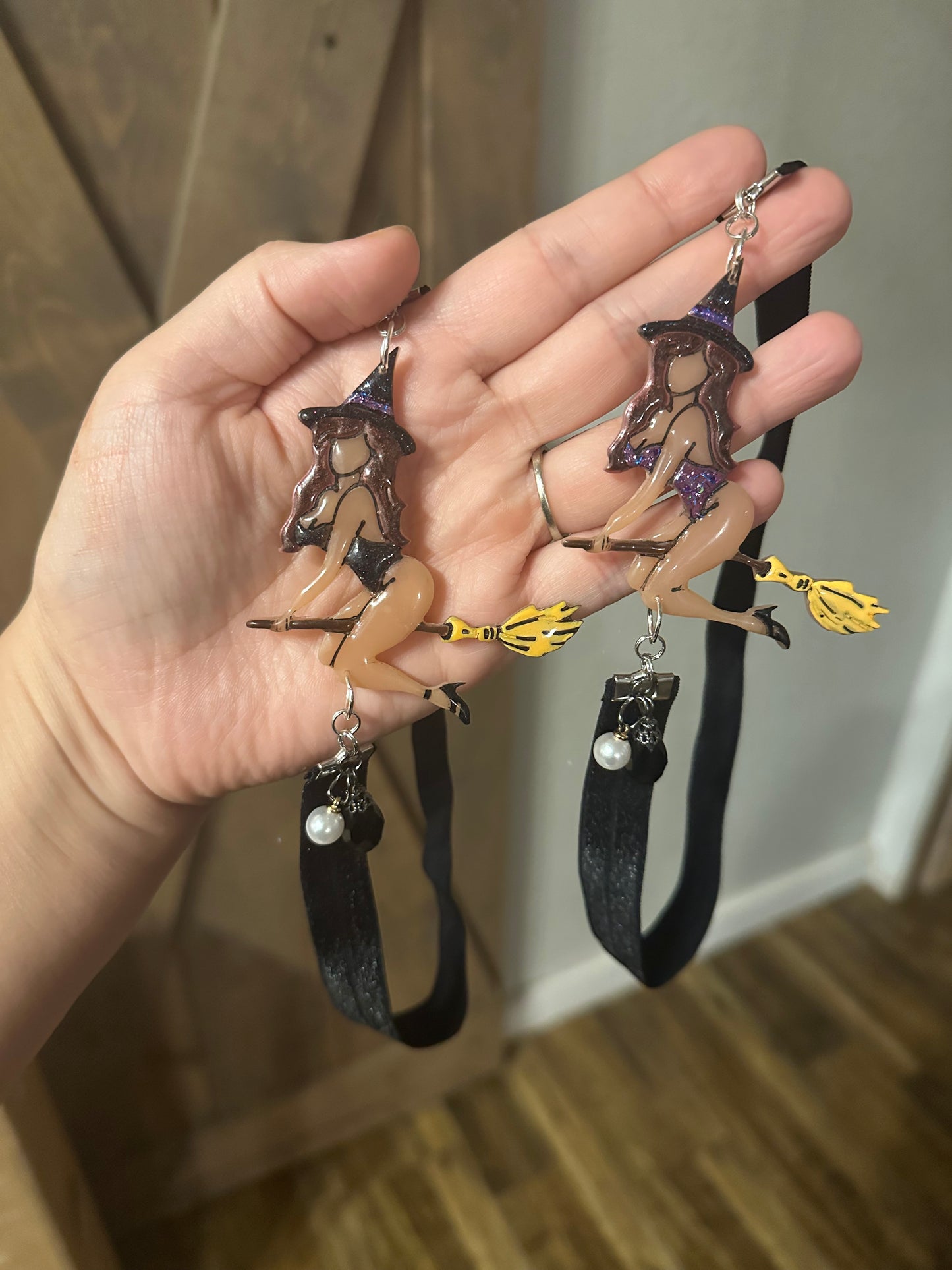 Sexy Witch Elastic Bookmark – Glitter Bodysuit on Broom (Black or Purple)