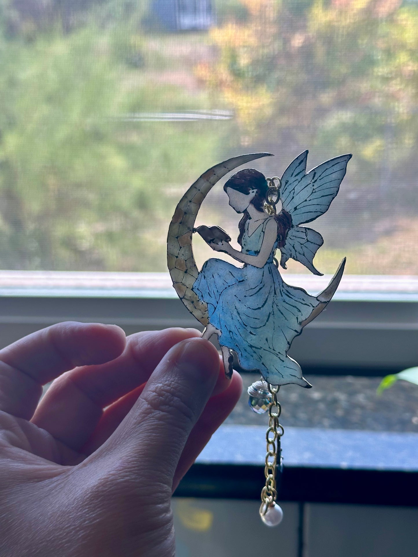 Stained Glass Fairy Bookmark – Crescent Moon Reader with Charms