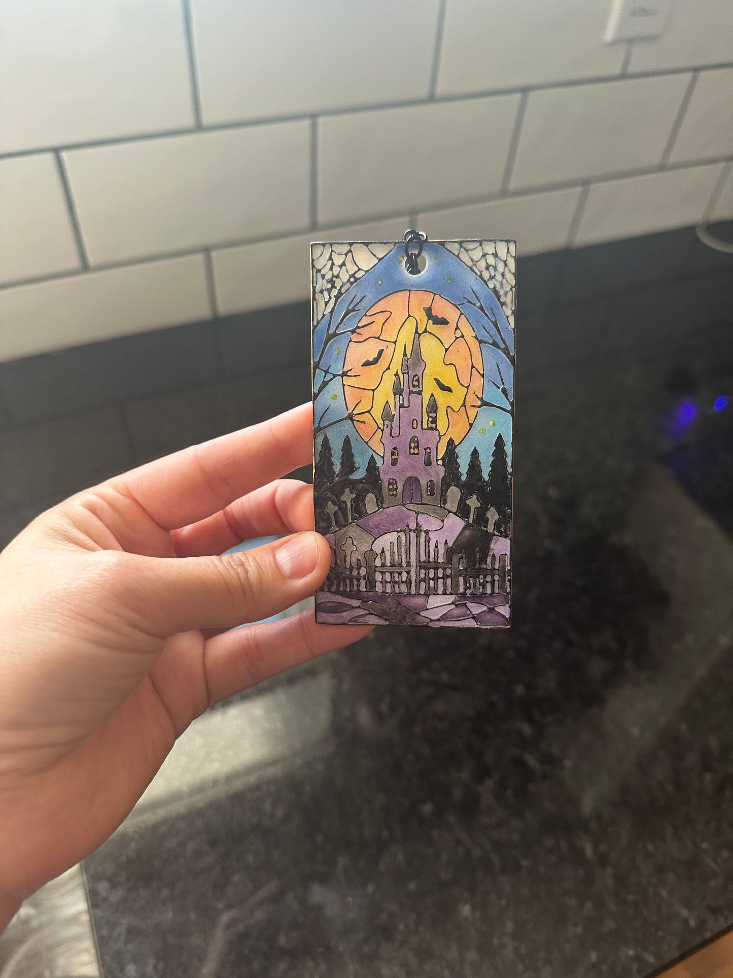 Haunted House Stained Glass Polymer Clay Bookmark – Halloween Edition 🎃