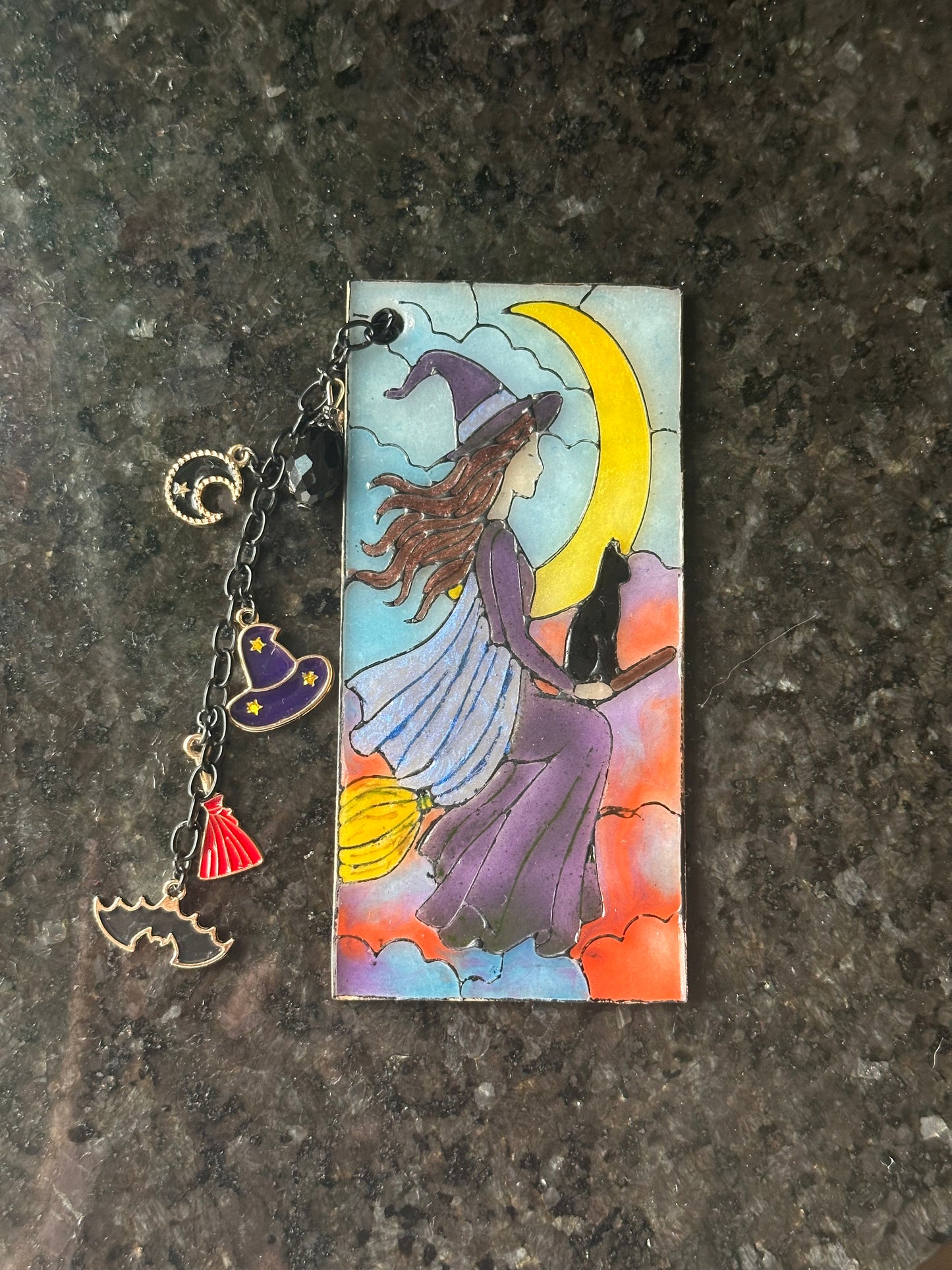 Handmade Stained Glass-Inspired Witch Bookmark – Polymer Clay with Halloween Charms