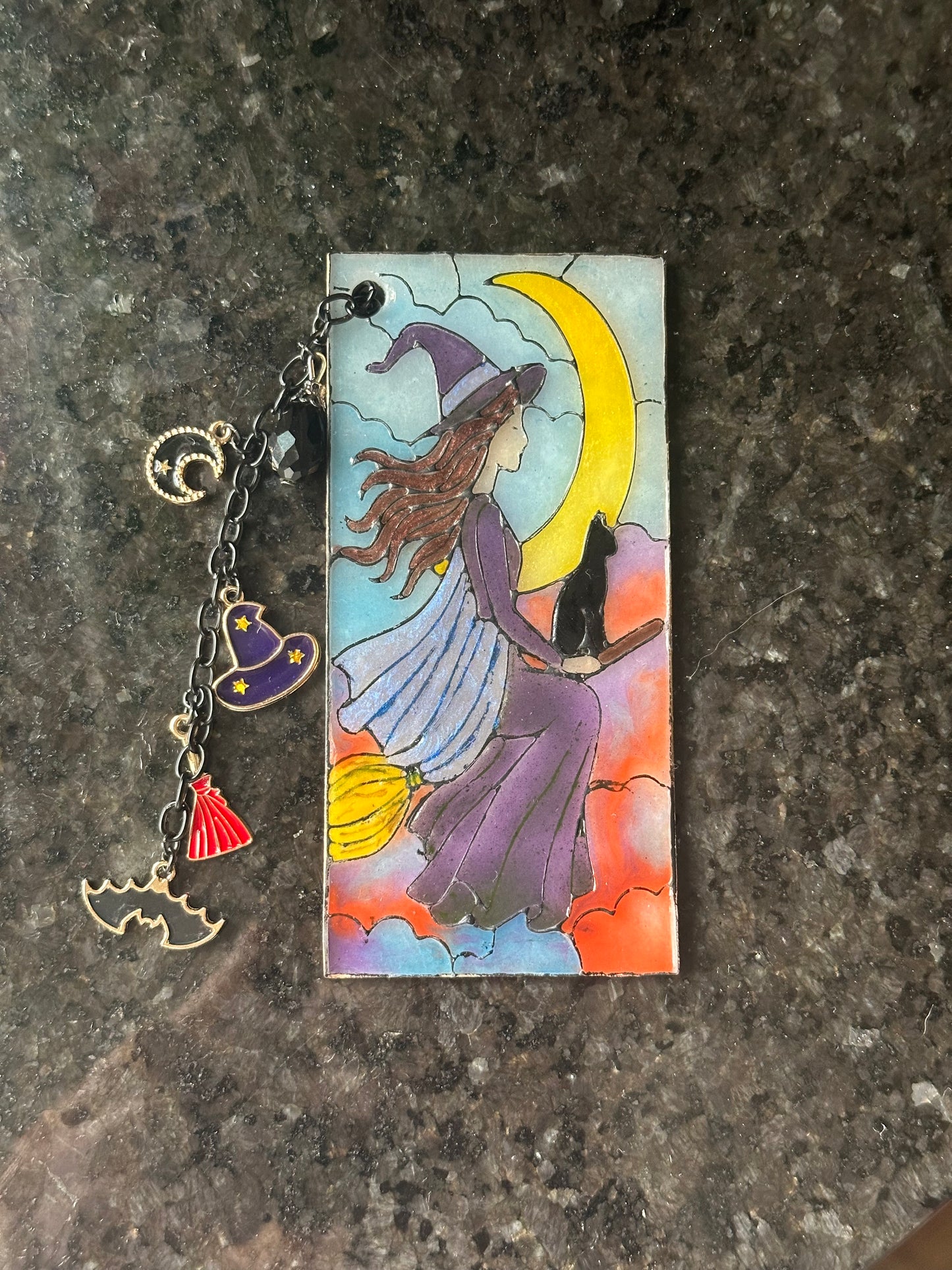 Handmade Stained Glass-Inspired Witch Bookmark – Polymer Clay with Halloween Charms