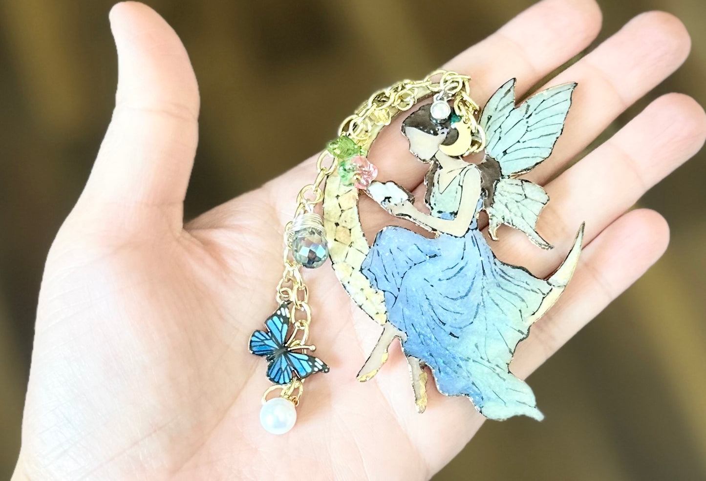 Stained Glass Fairy Bookmark – Crescent Moon Reader with Charms