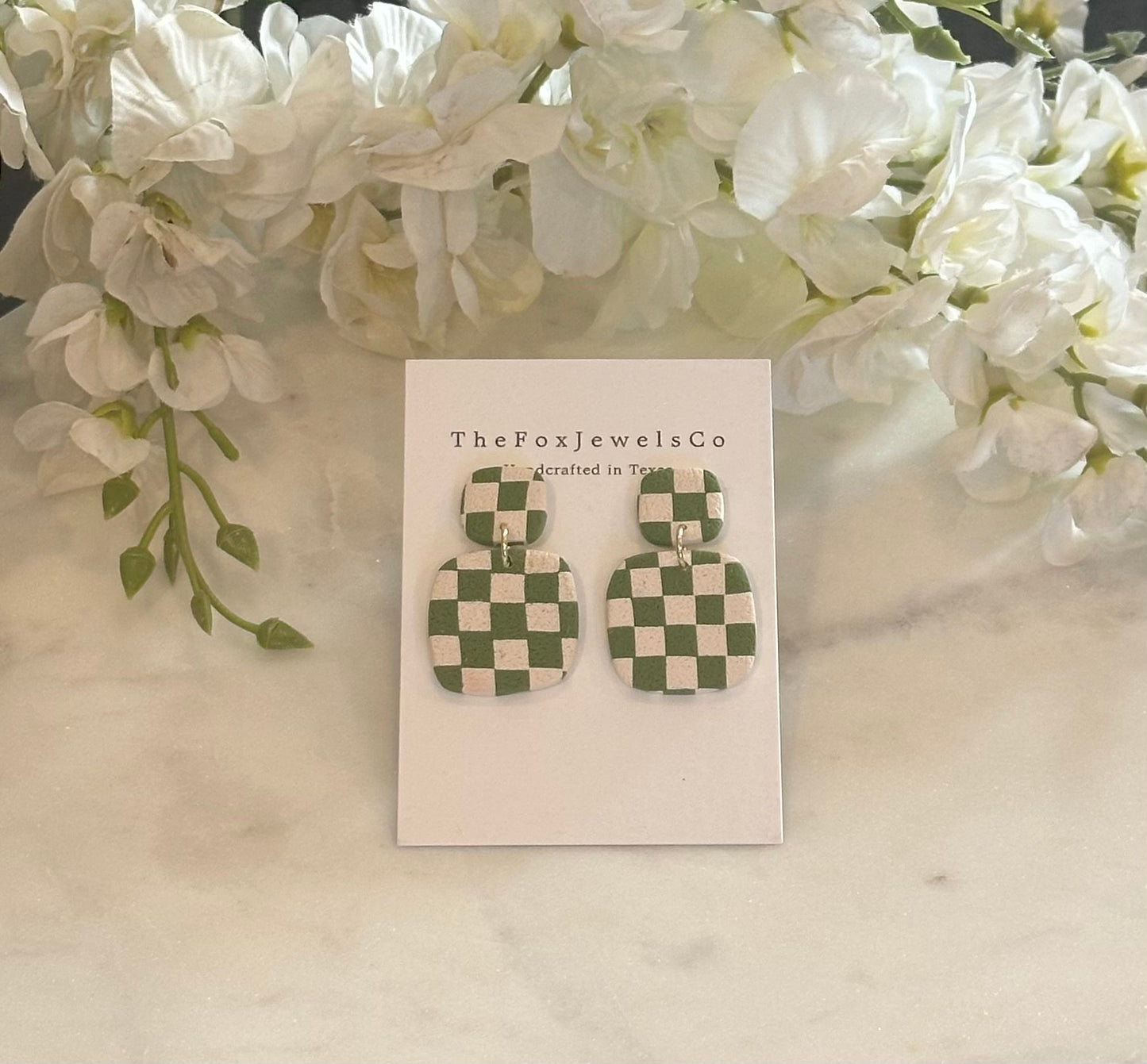 Checkered Clay Earrings | Retro Statement Dangle Earrings | Lightweight Handmade Polymer Clay Jewelry | Neutral + Olive Green