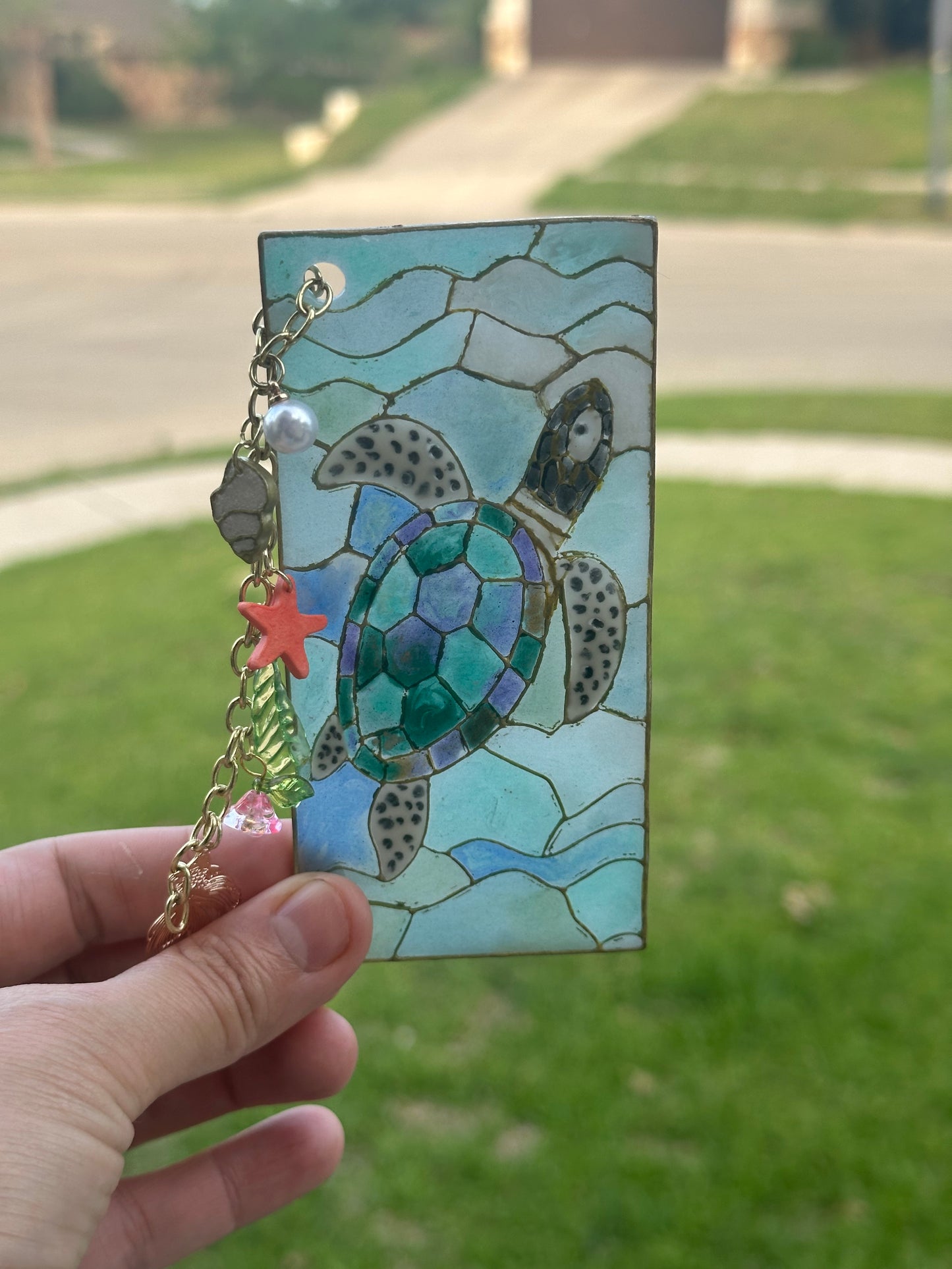 Sea Turtle Stained Glass Polymer Clay Bookmark – With Charms