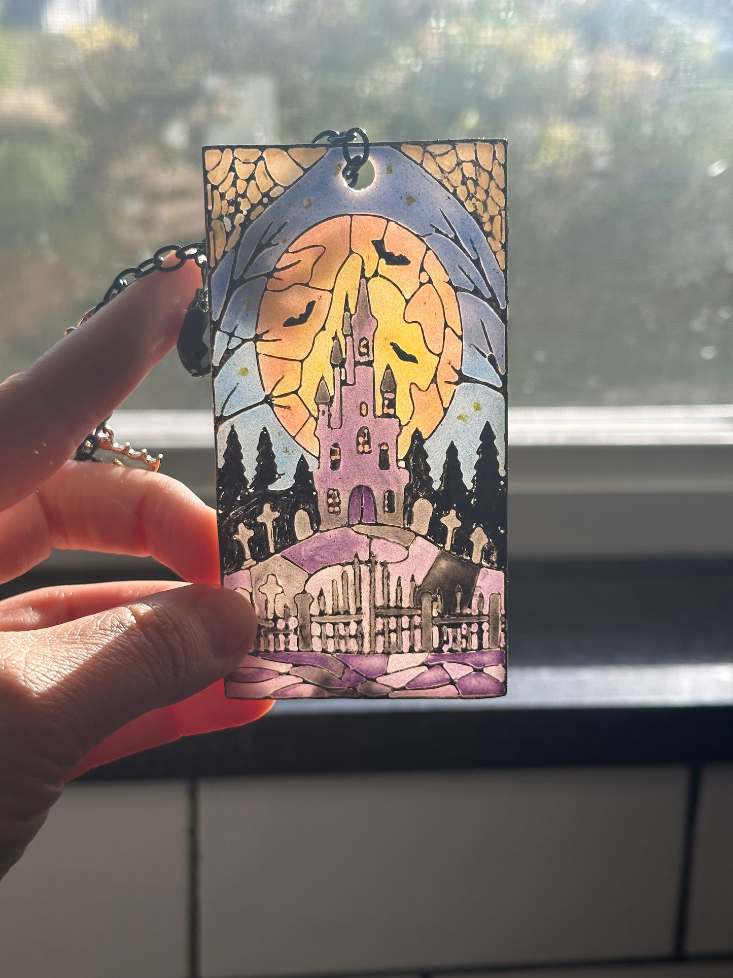 Haunted House Stained Glass Polymer Clay Bookmark – Halloween Edition 🎃