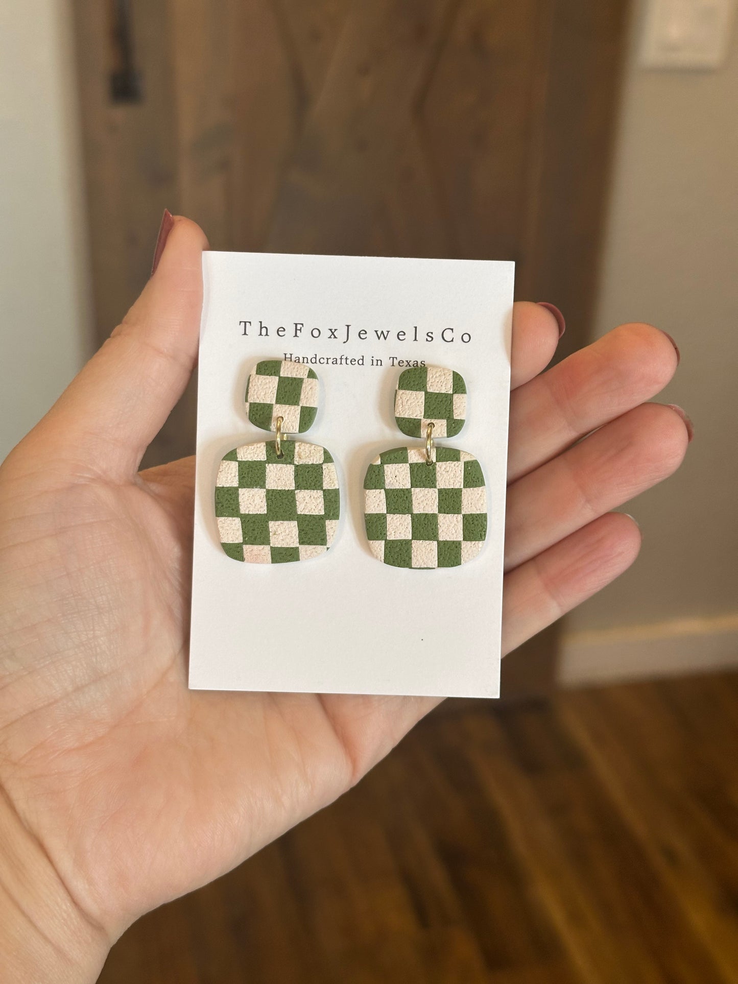 Checkered Clay Earrings | Retro Statement Dangle Earrings | Lightweight Handmade Polymer Clay Jewelry | Neutral + Olive Green