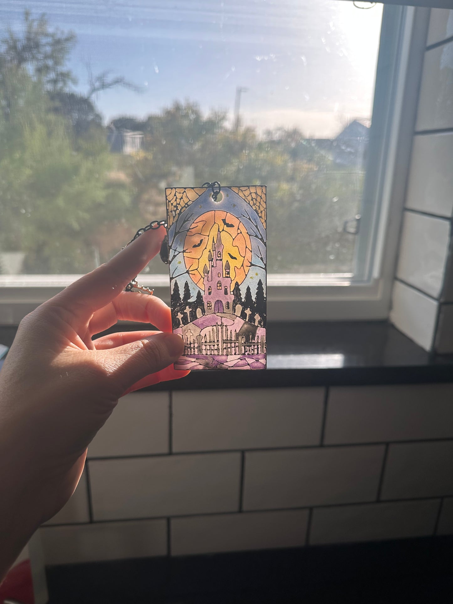 Haunted House Stained Glass Polymer Clay Bookmark – Halloween Edition 🎃