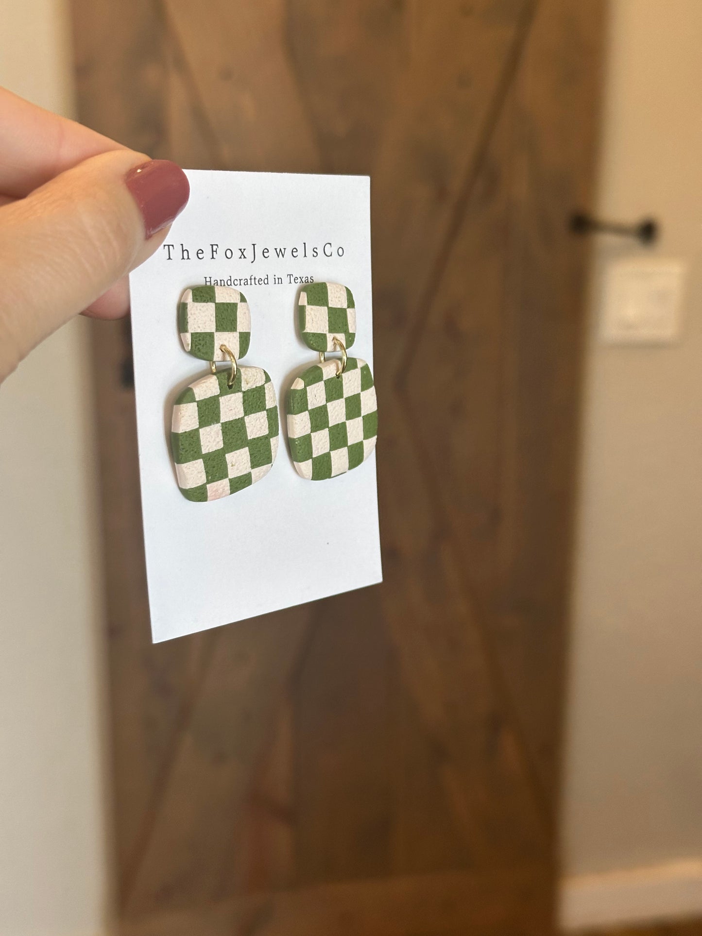 Checkered Clay Earrings | Retro Statement Dangle Earrings | Lightweight Handmade Polymer Clay Jewelry | Neutral + Olive Green