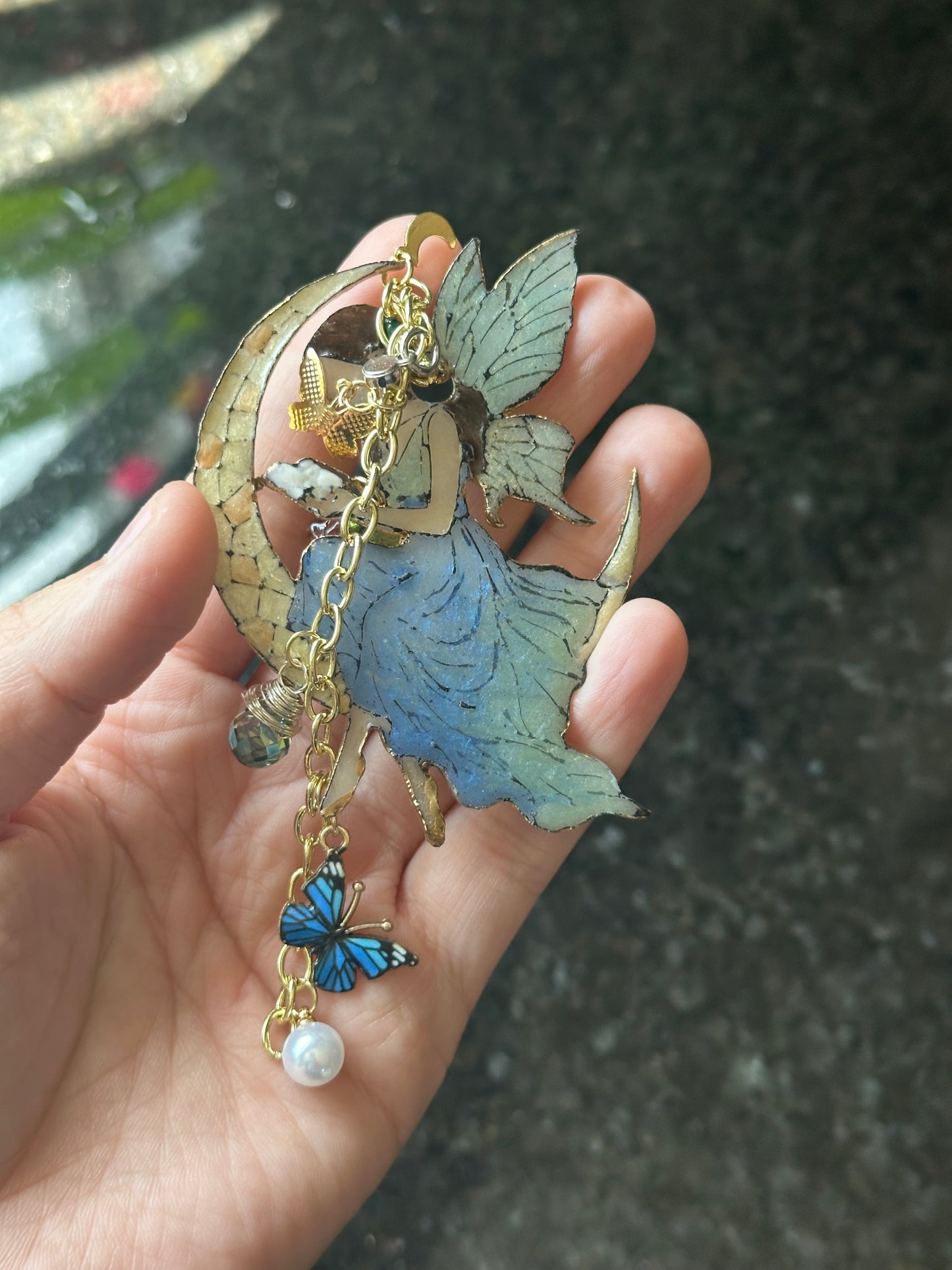 Stained Glass Fairy Bookmark – Crescent Moon Reader with Charms