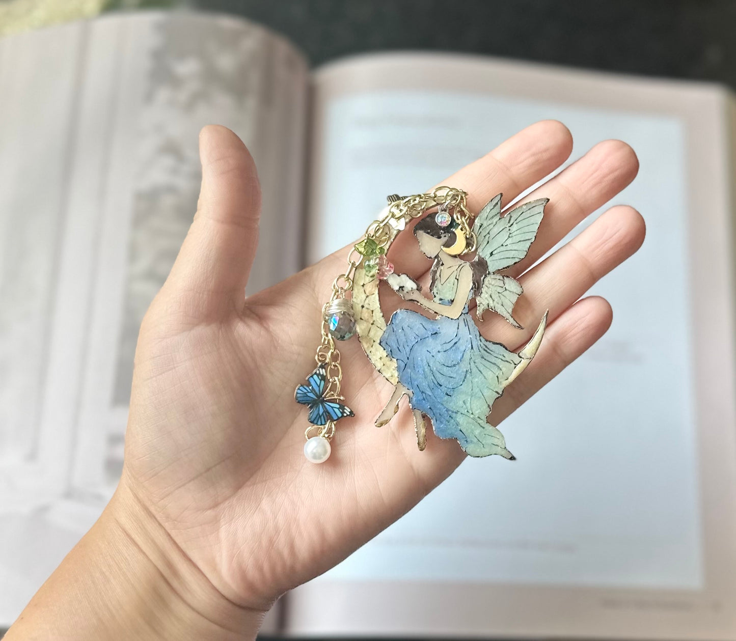 Stained Glass Fairy Bookmark – Crescent Moon Reader with Charms