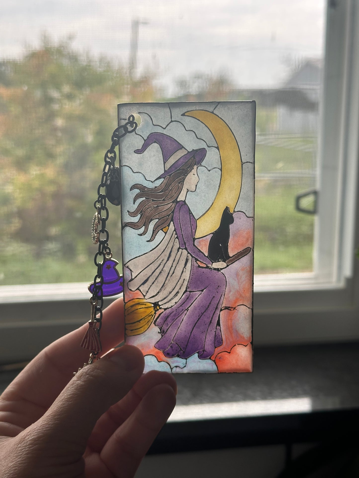Handmade Stained Glass-Inspired Witch Bookmark – Polymer Clay with Halloween Charms