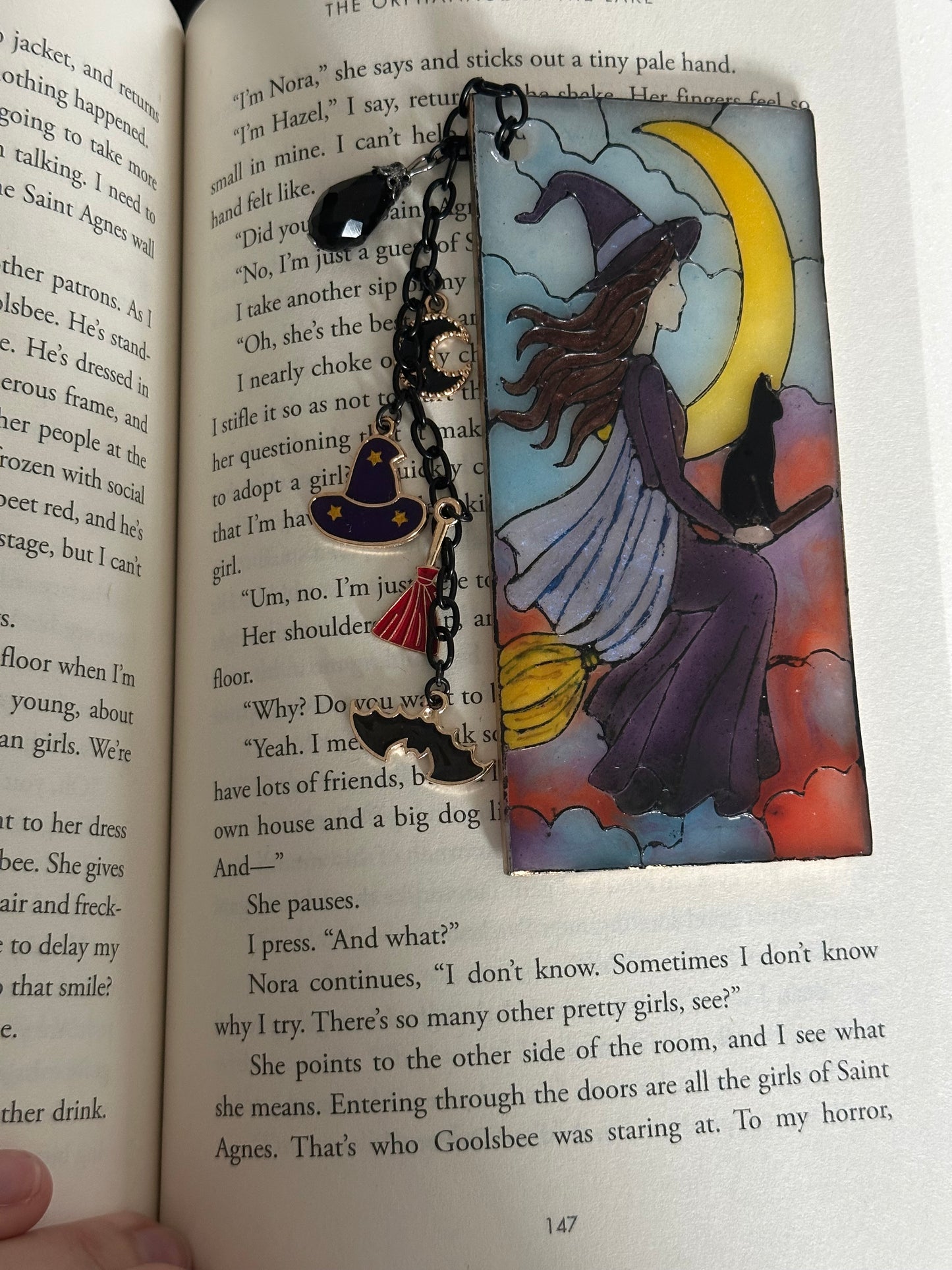 Handmade Stained Glass-Inspired Witch Bookmark – Polymer Clay with Halloween Charms