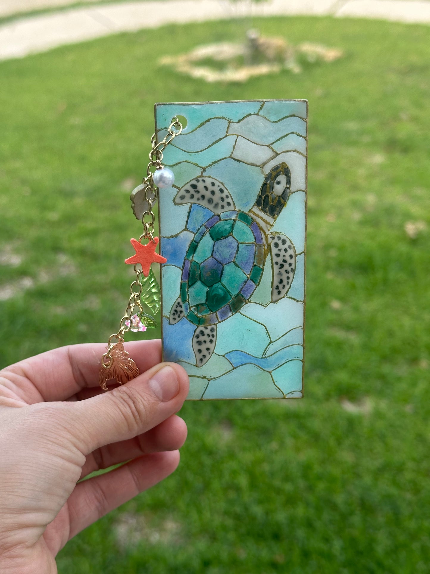 Sea Turtle Stained Glass Polymer Clay Bookmark – With Charms