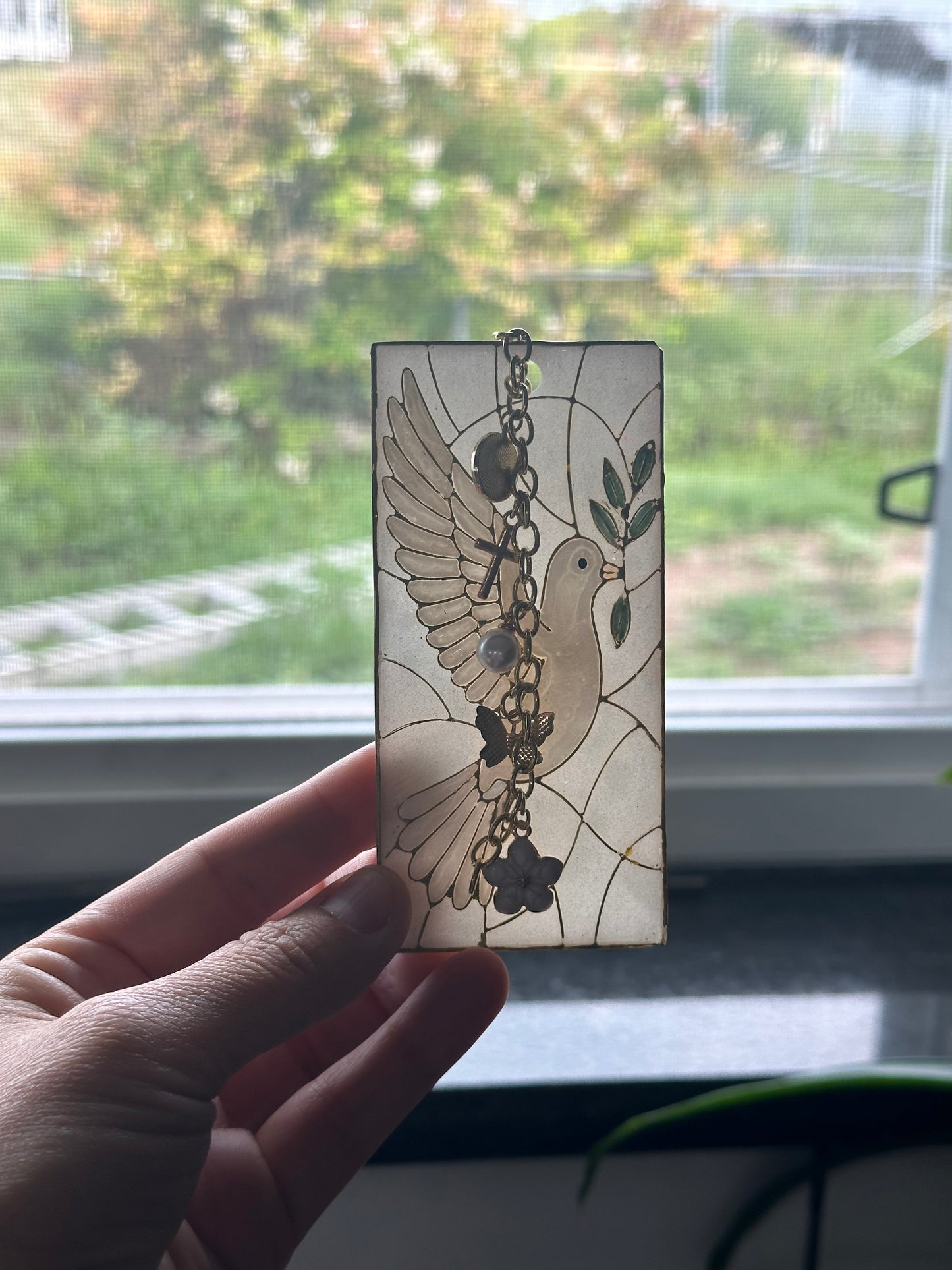 Handmade Dove Bookmark – Stained Glass-Inspired Polymer Clay with Gold Charms