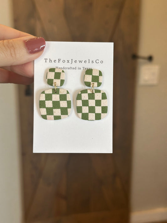 Checkered Clay Earrings | Retro Statement Dangle Earrings | Lightweight Handmade Polymer Clay Jewelry | Neutral + Olive Green