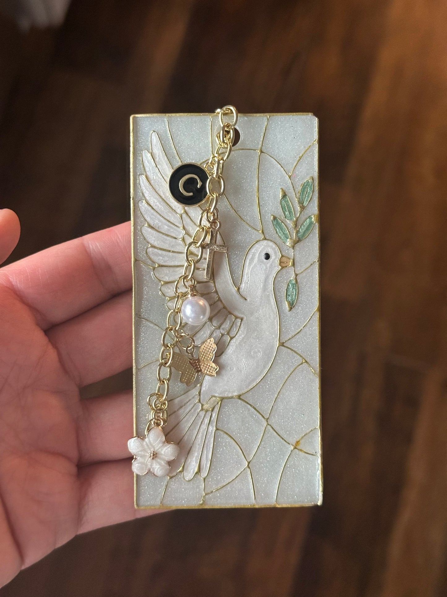 Handmade Dove Bookmark – Stained Glass-Inspired Polymer Clay with Gold Charms