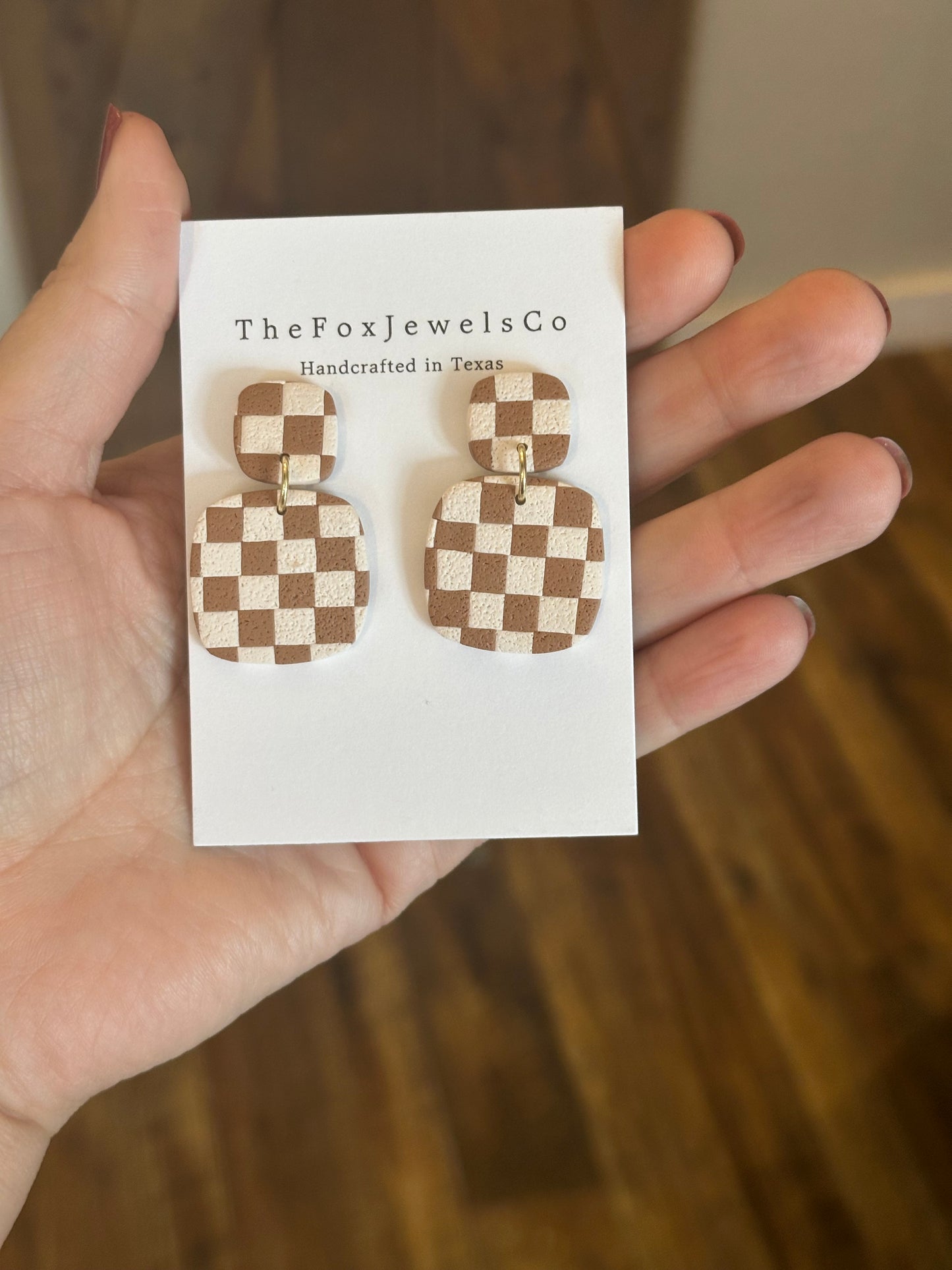 Checkered Clay Earrings | Retro Statement Dangle Earrings | Lightweight Handmade Polymer Clay Jewelry | Neutral + Olive Green