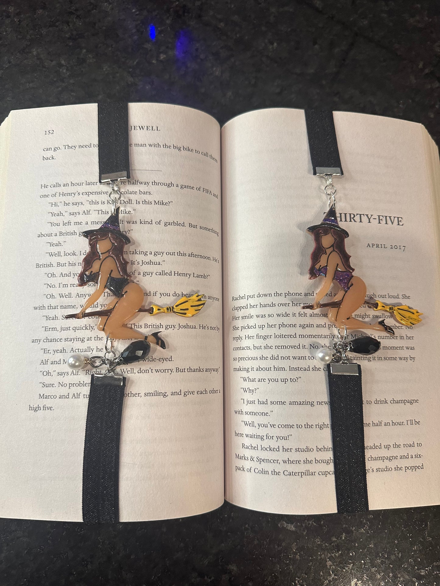 Sexy Witch Elastic Bookmark – Glitter Bodysuit on Broom (Black or Purple)
