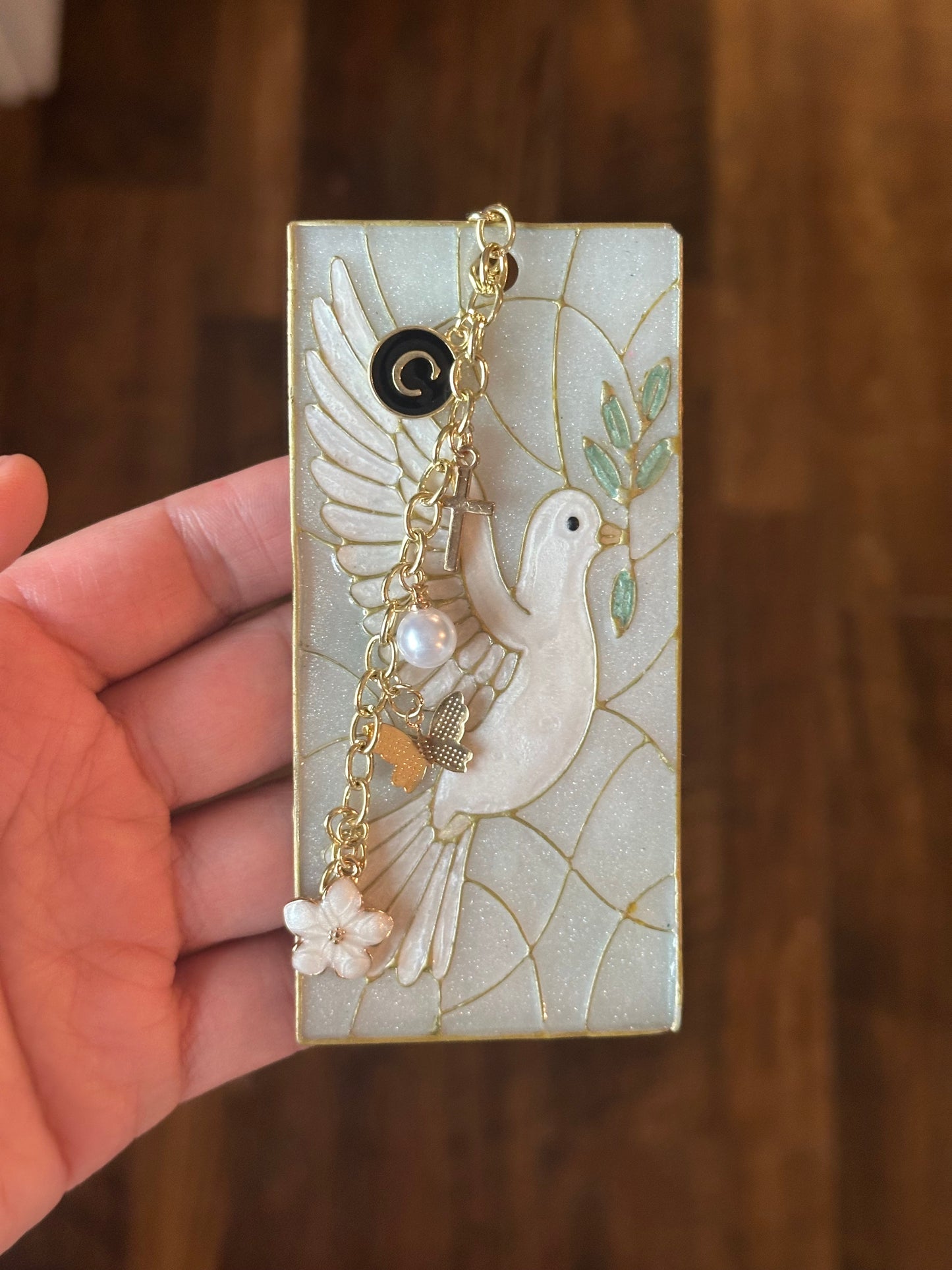 Handmade Dove Bookmark – Stained Glass-Inspired Polymer Clay with Gold Charms