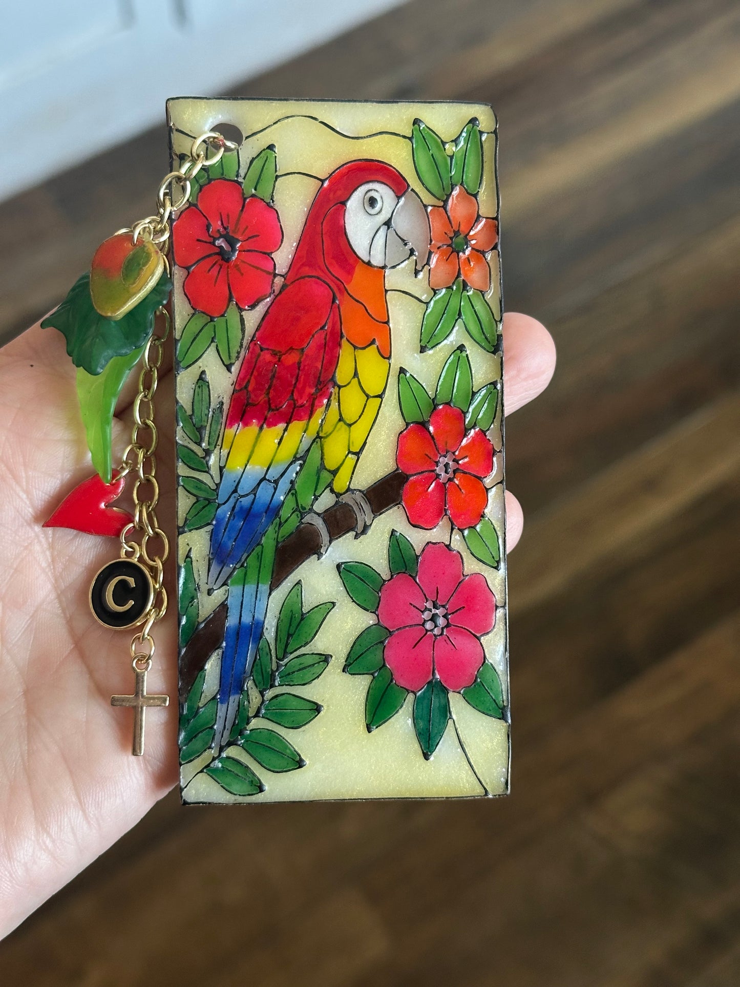 Parrot Stained Glass Bookmark – Handmade Polymer Clay & Resin – Tropical Bird Lover Gift