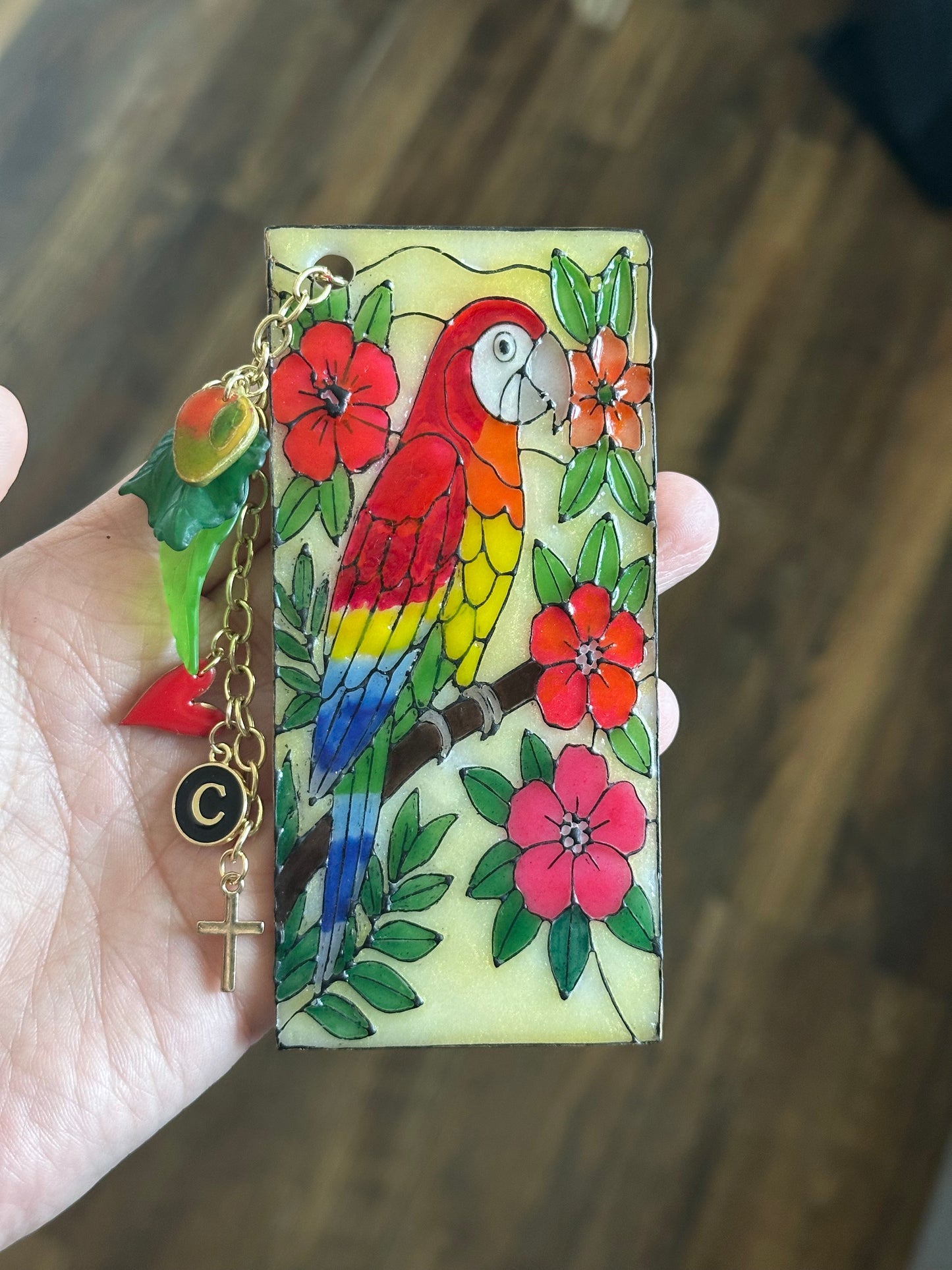 Parrot Stained Glass Bookmark – Handmade Polymer Clay & Resin – Tropical Bird Lover Gift