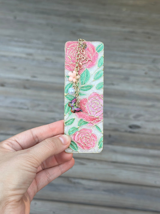 Pink Rose Stained Glass Bookmark – Handmade Polymer Clay
