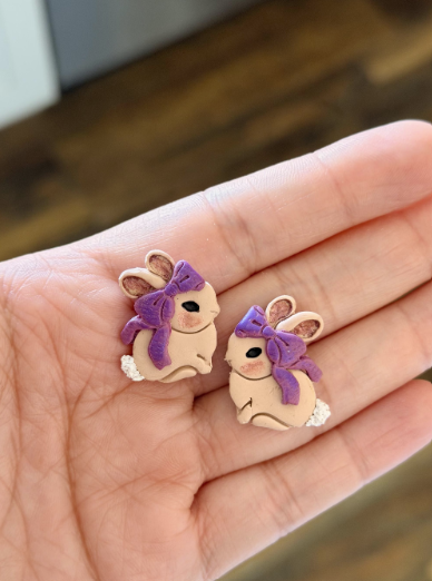 Easter Bunny Stud Earrings with Purple Bow – Polymer Clay Bunny Earrings