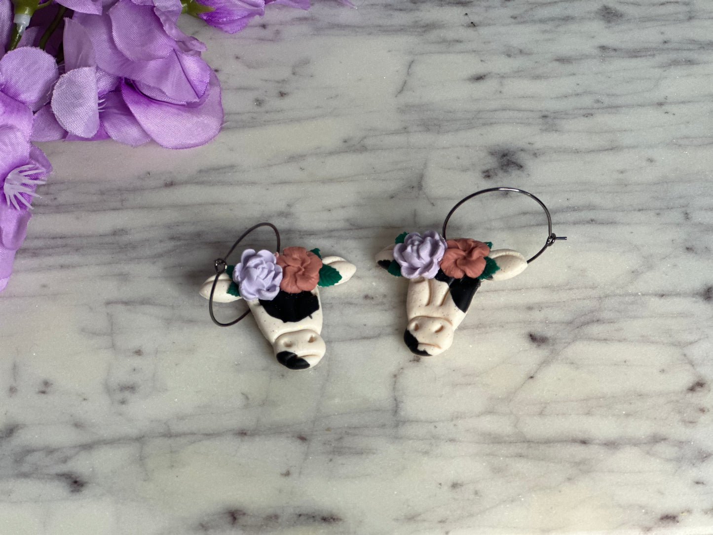 Floral Cow Hoop Earrings
