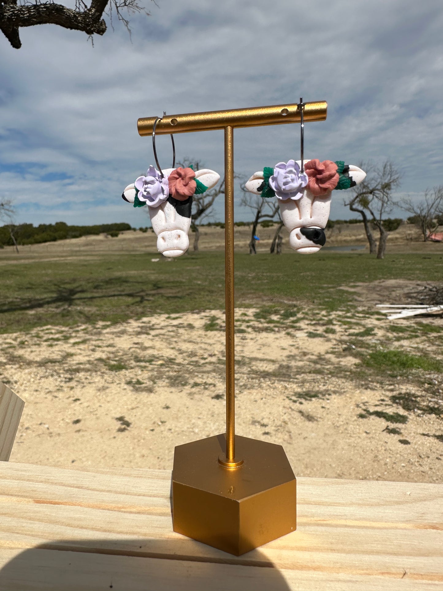 Floral Cow Hoop Earrings