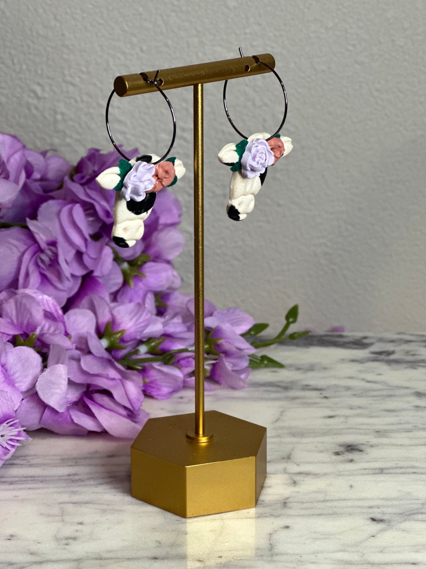 Floral Cow Hoop Earrings