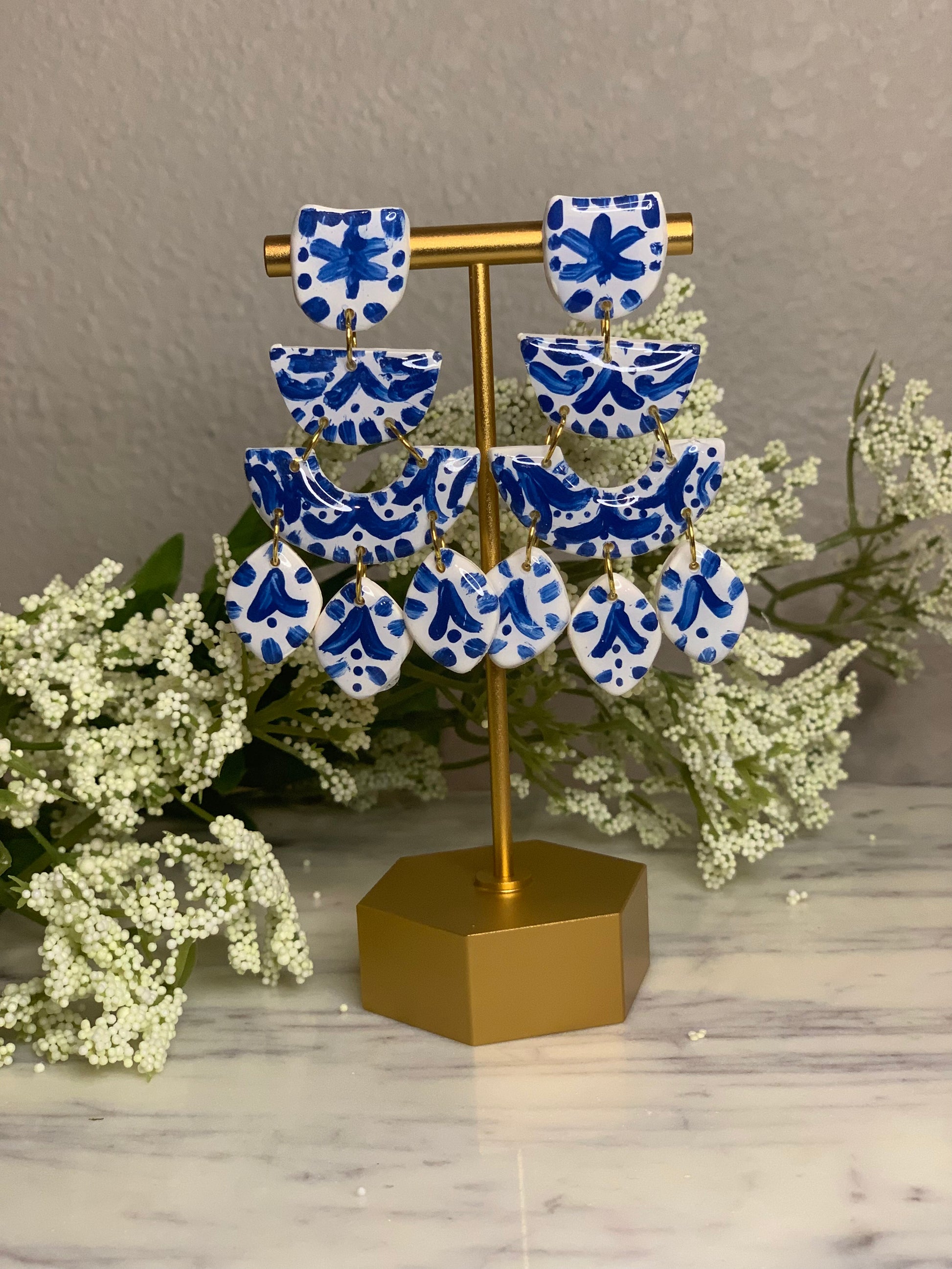 Hand Painted, Vacation Jewelry, Greece, Inspired by Santorini Island, Vibrant blue, Dangle Earrings, Bestseller, Chandelier Earrings