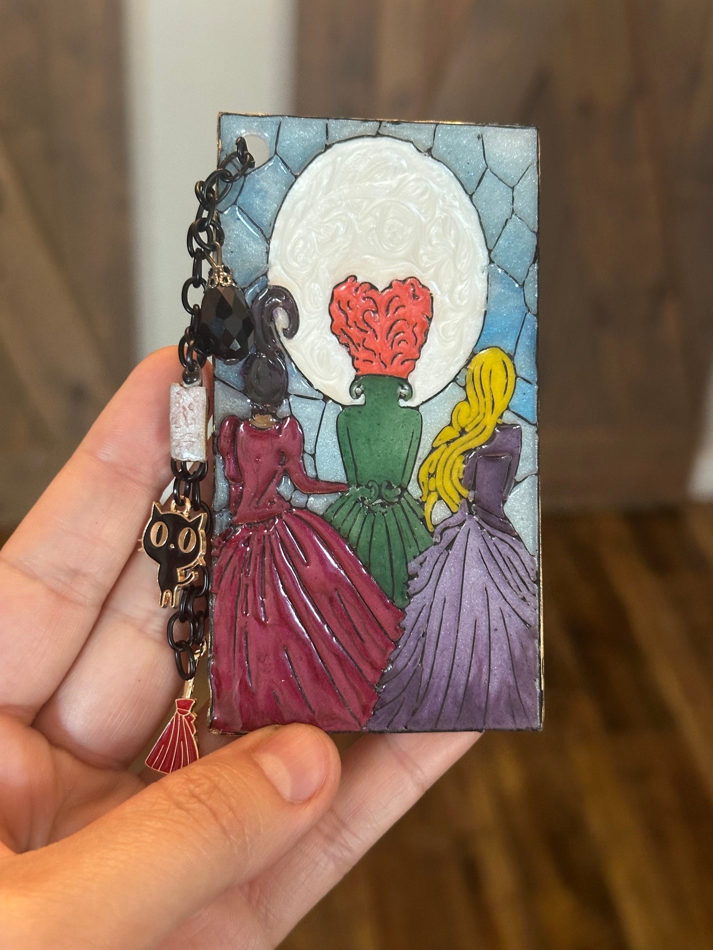 Sanderson Sisters Stained Glass-Inspired Polymer Clay Bookmark – Handmade with Charms & Black Flame Candle