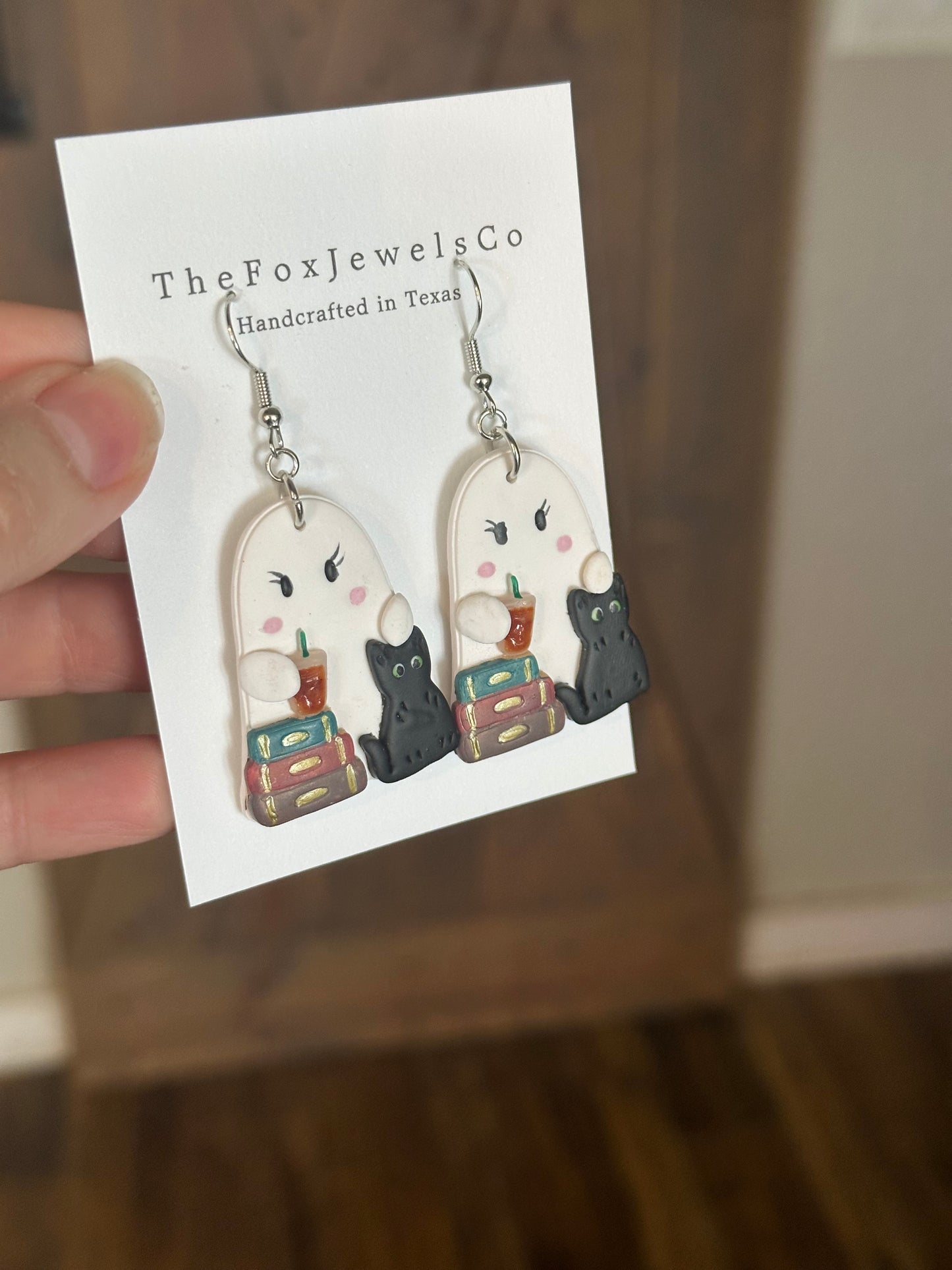 Spooky Cute Ghost Earrings – Black Cat, Book Stack & Iced Coffee