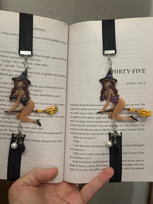 Sexy Witch Elastic Bookmark – Glitter Bodysuit on Broom (Black or Purple)
