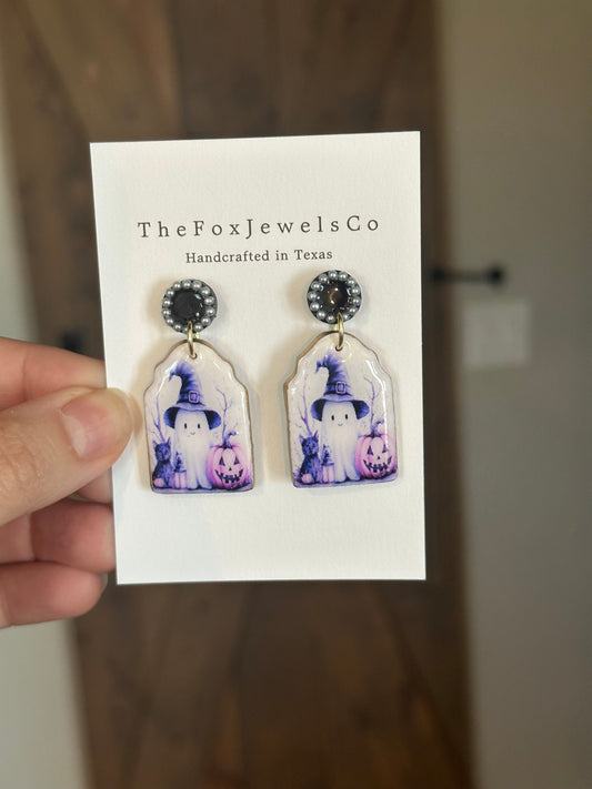 Spooky Cute Ghost Earrings – Witch Hat, Lantern, Cat & Pumpkin with Pearls