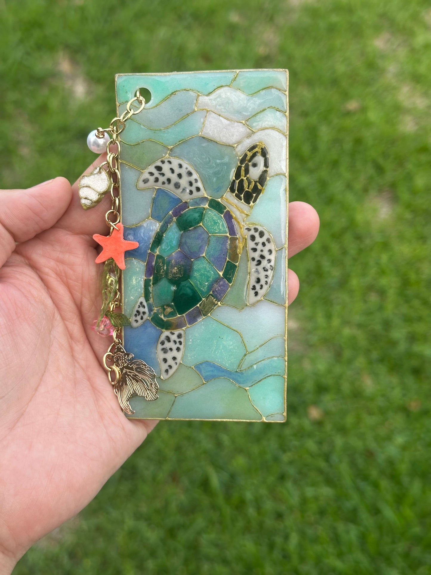 Sea Turtle Stained Glass Polymer Clay Bookmark – With Charms