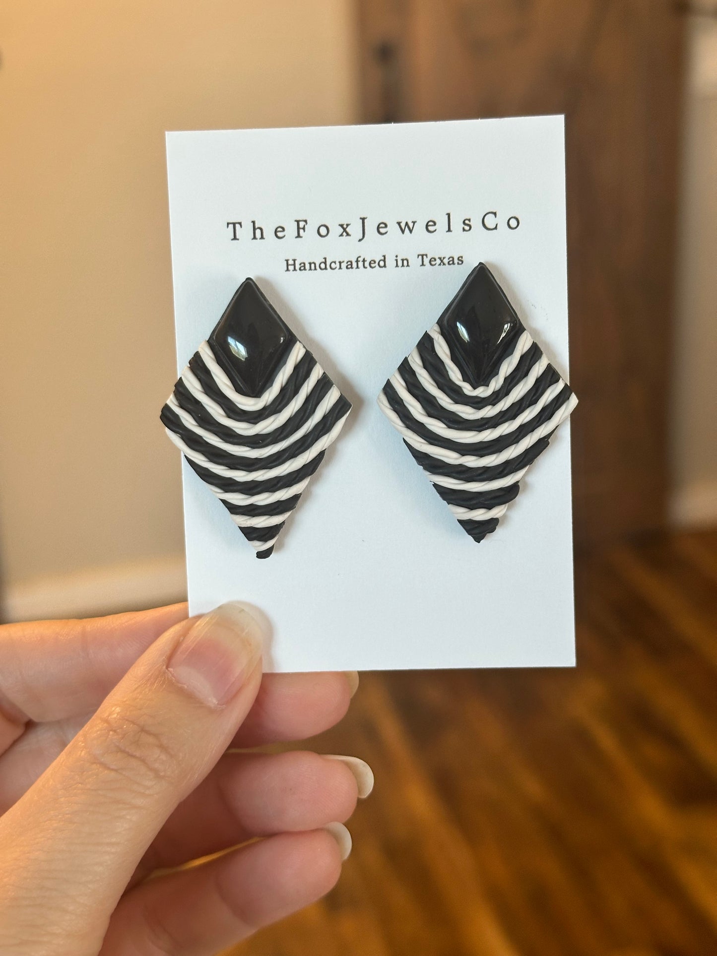 Monochrome Diamond Stud Earrings – Textured Polymer Clay with Resin Stone | Modern Statement Earrings