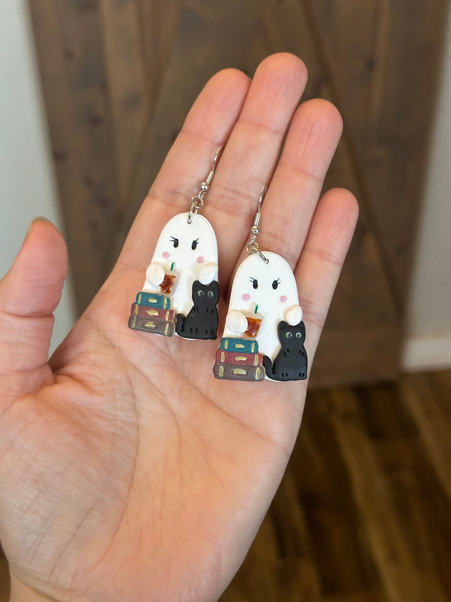 Spooky Cute Ghost Earrings – Black Cat, Book Stack & Iced Coffee