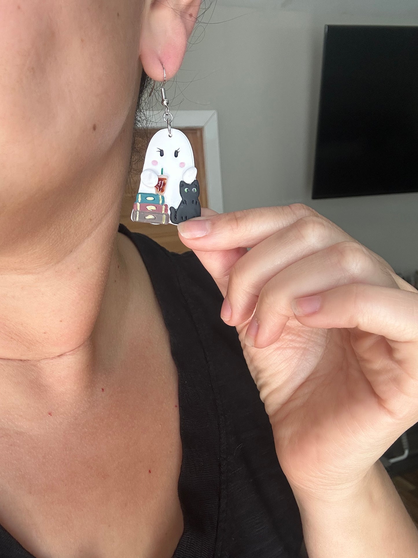 Spooky Cute Ghost Earrings – Black Cat, Book Stack & Iced Coffee