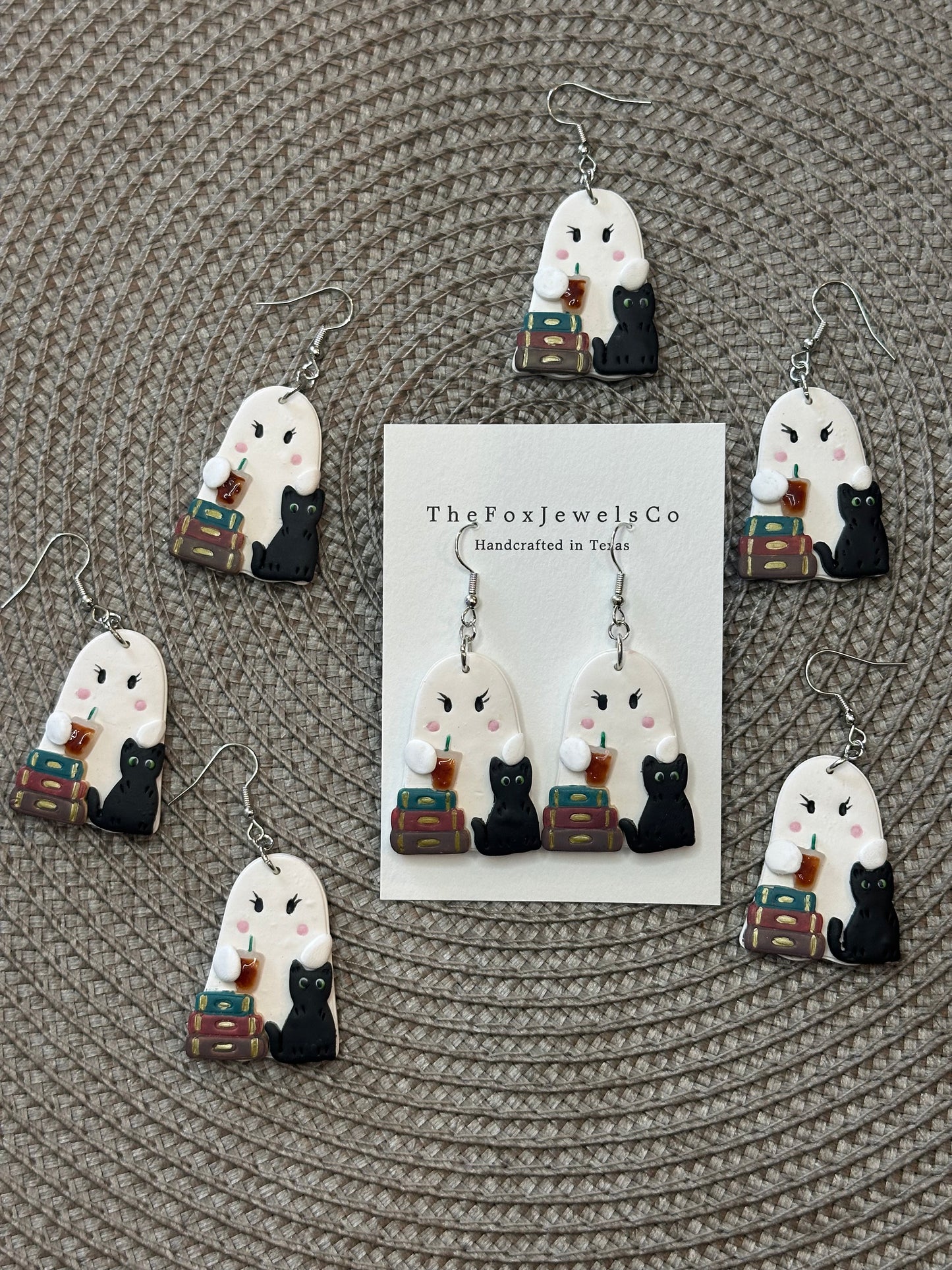 Spooky Cute Ghost Earrings – Black Cat, Book Stack & Iced Coffee