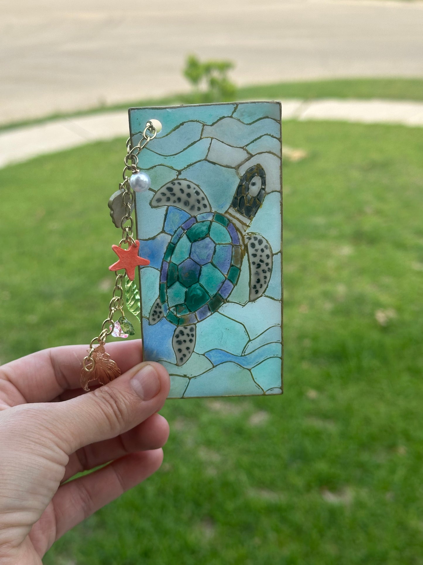 Sea Turtle Stained Glass Polymer Clay Bookmark – With Charms