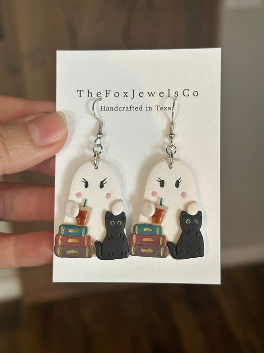 Spooky Cute Ghost Earrings – Black Cat, Book Stack & Iced Coffee