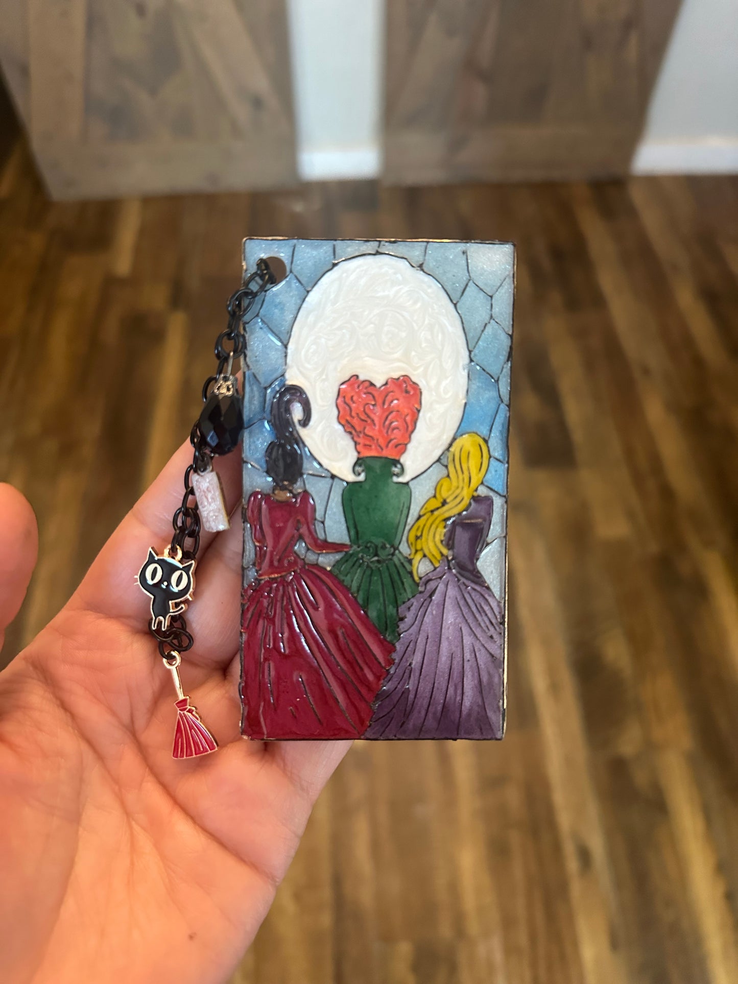 Sanderson Sisters Stained Glass-Inspired Polymer Clay Bookmark – Handmade with Charms & Black Flame Candle