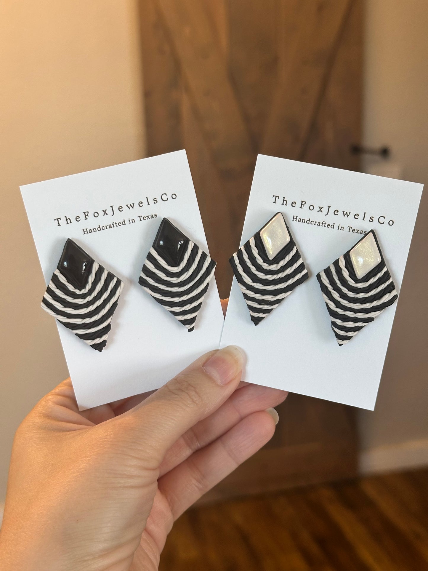 Monochrome Diamond Stud Earrings – Textured Polymer Clay with Resin Stone | Modern Statement Earrings